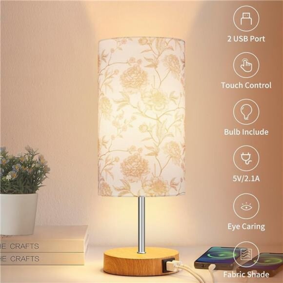 Bedside Touch Lamp, Wood Small Table lamp with 2 USB Charging Ports & Flower - Picture 6 of 7
